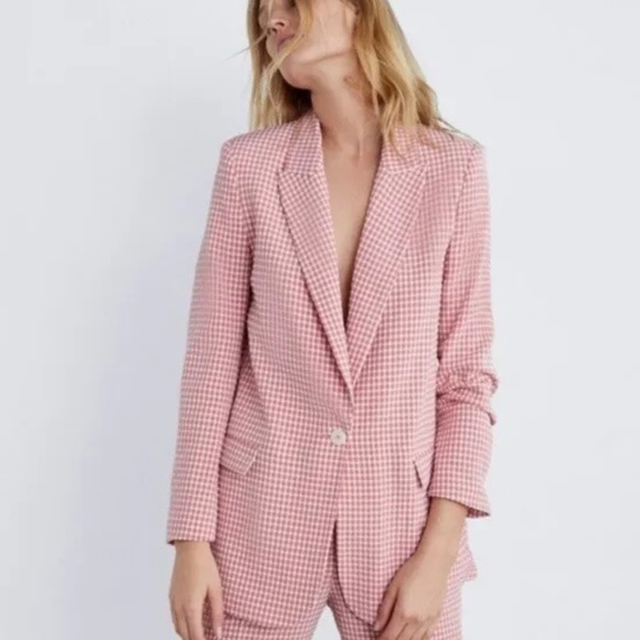 Zara Jackets & Blazers - 🌸ZARA🌸 Pink & White Gingham One Button Blazer  Size Small
